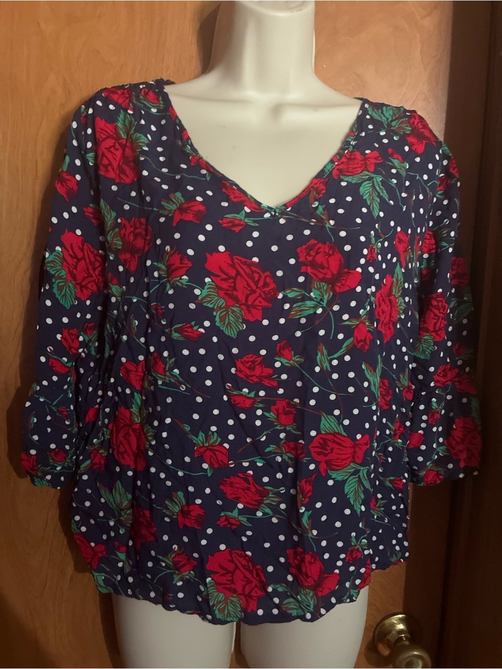 Women’s Navy Floral Polka Dot V-Neck Blouse